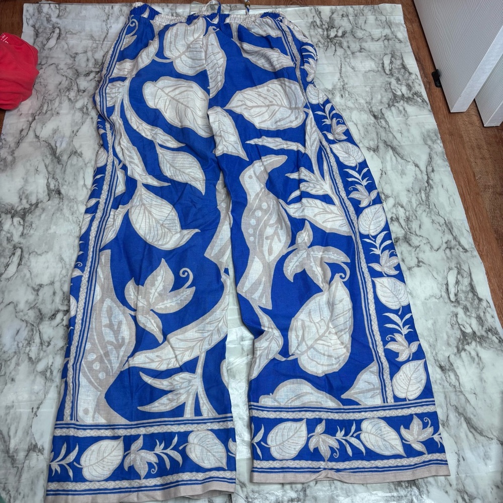 Rachel Zoe Blue Tan leaf Pattern wide leg high rise Linen Blend Pants small - Picture 6 of 7